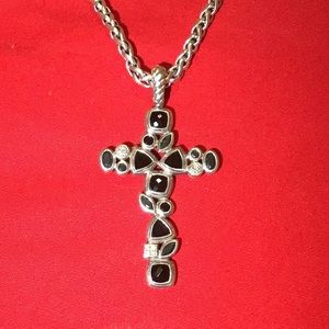 DAVID YURMAN BLACK ONYX, HEMATITE & DIAMOND CONFETTI CROSS NECKLACE